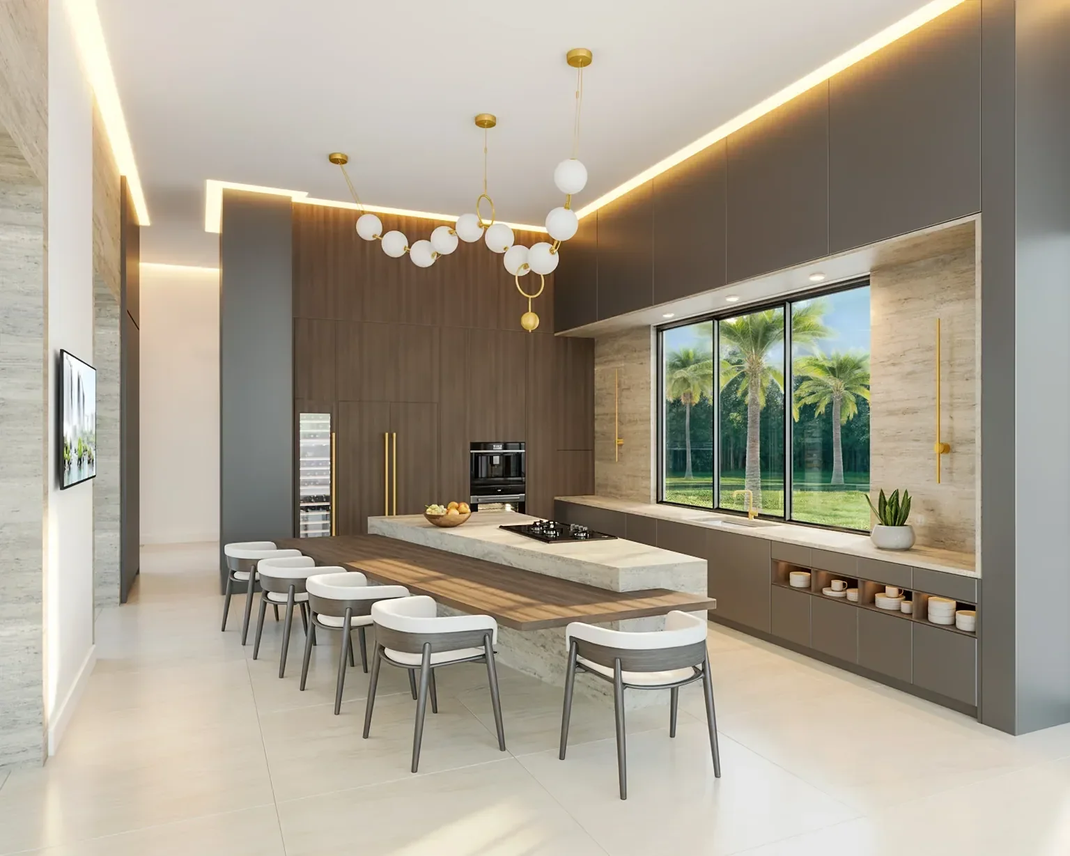 Kitchen at the Rosenberg Residence in Davie, Florida, with a wood-clad island, brass globe pendants and a garden window