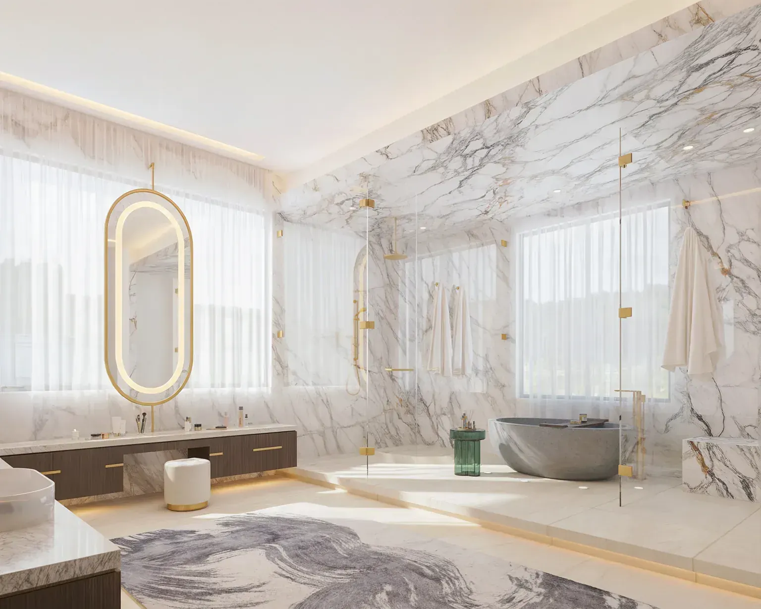 Primary bathroom at the Rosenberg Residence in Davie, Florida, with book-matched marble, a backlit oval mirror and freestanding tub