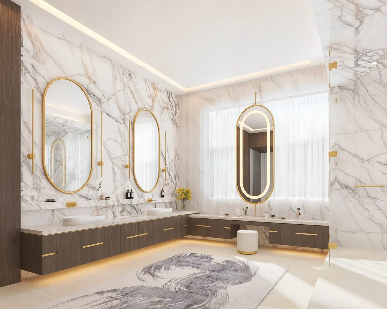Double vanity in the primary bathroom of the Rosenberg Residence in Davie, Florida, with marble walls and three oval mirrors