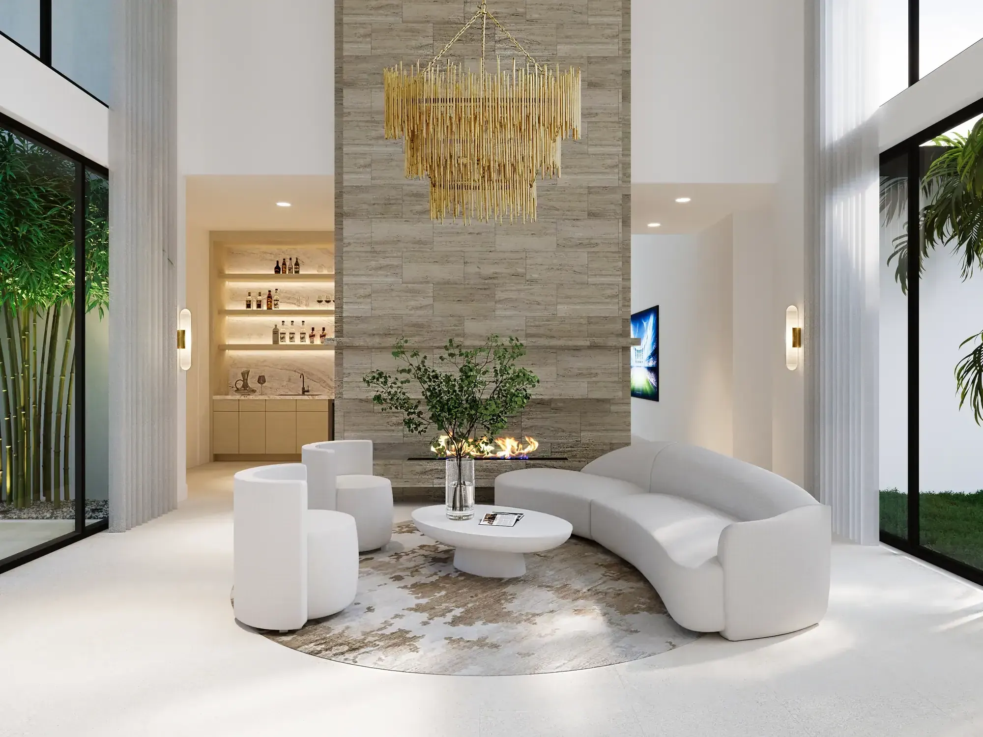 Living room at the Santander Residence in Southwest Ranches, Florida, with a tiered brass chandelier, curved white sofa and stone feature wall