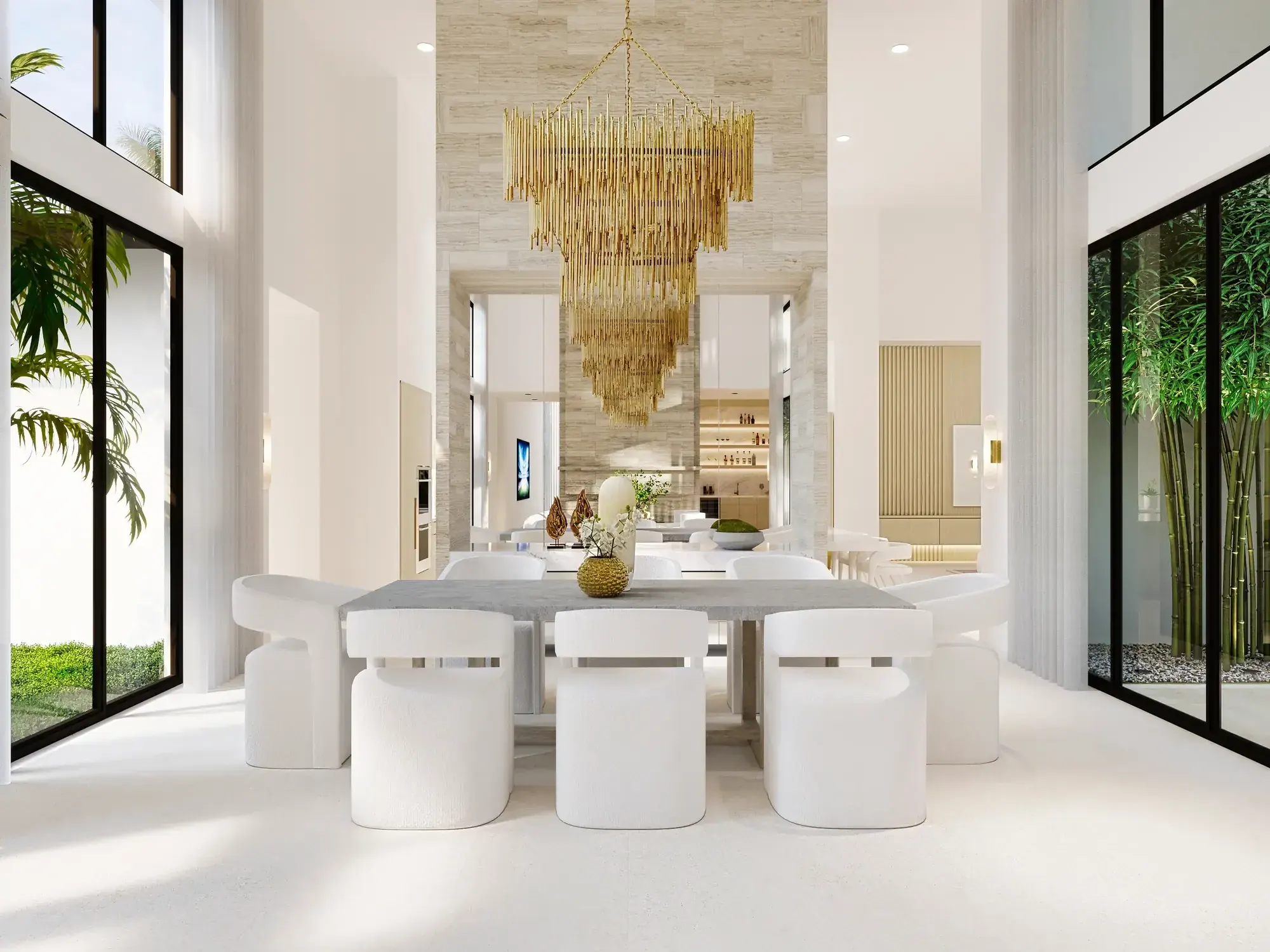 Dining room at the Santander Residence in Southwest Ranches, Florida, with a cascading brass chandelier and floor-to-ceiling garden glazing