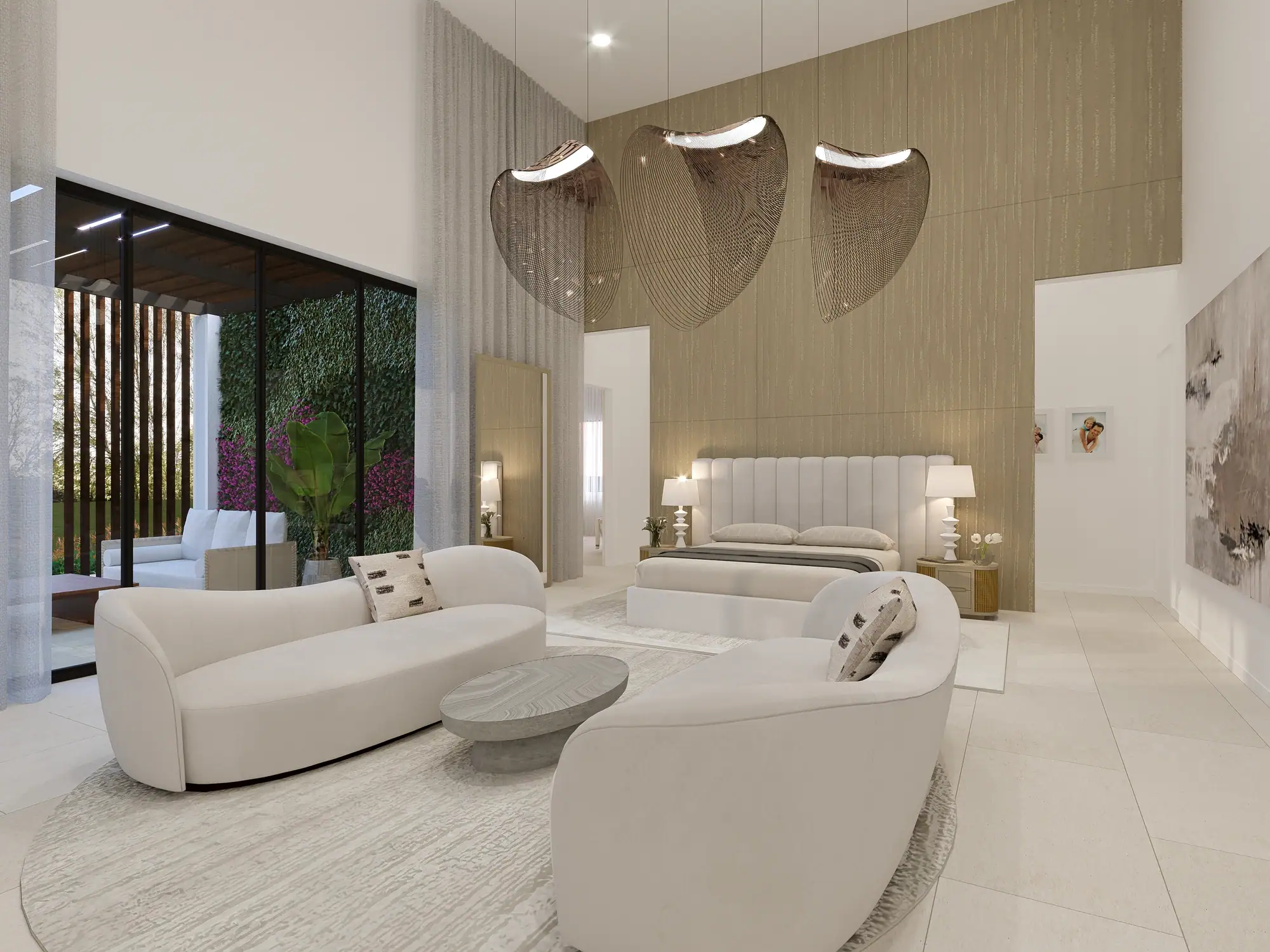 Sitting room at the Santander Residence in Southwest Ranches, Florida, with a curved sofa and sculptural shell-shaped wall lights