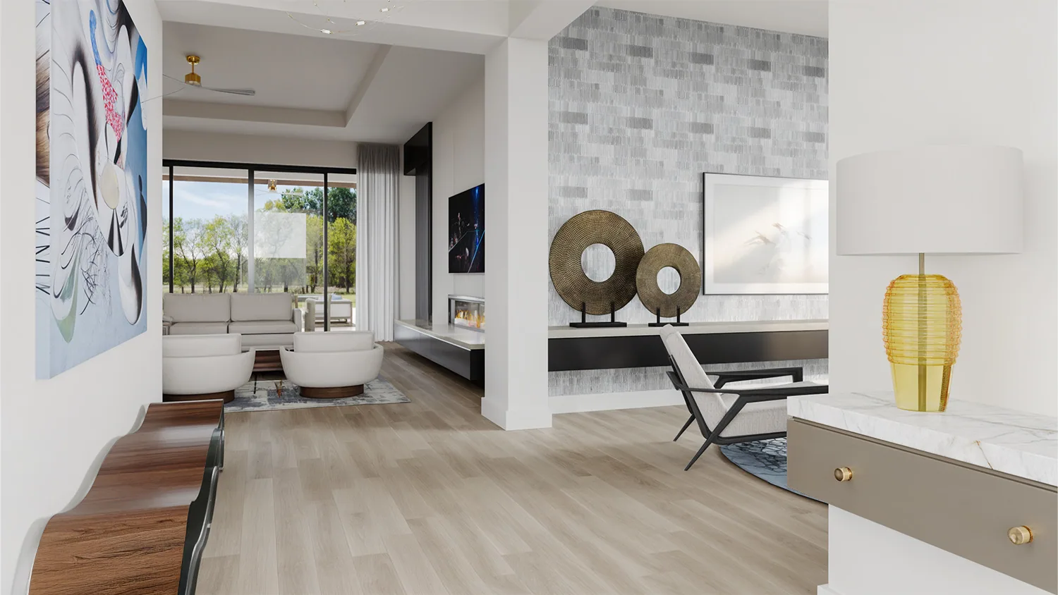 Living room at the Shubert Residence in Boynton Beach, Florida, with a stone feature wall, sculptural decor and neutral upholstery