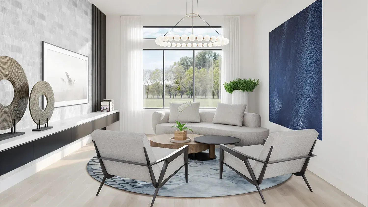 Living room at the Shubert Residence in Boynton Beach, Florida, with a deep blue canvas, linear chandelier and pale wood floors
