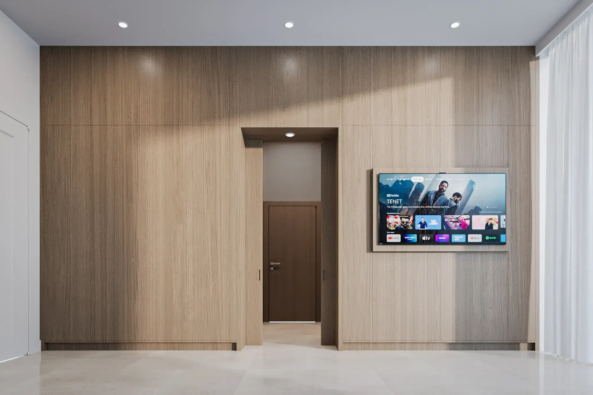 Wood-panelled hallway at the Shubert Residence in Boynton Beach, Florida, with an integrated screen and concealed door