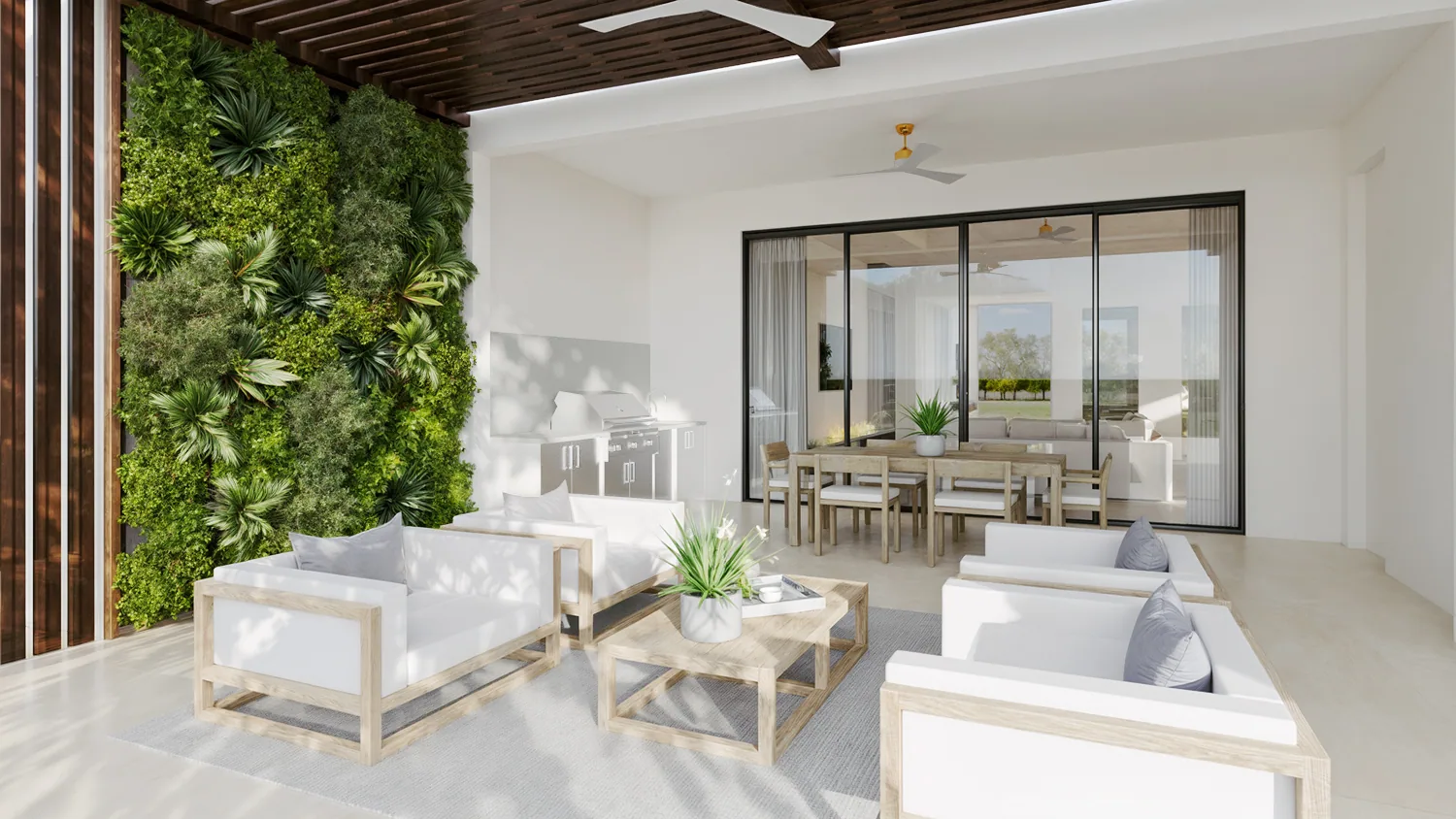 Covered patio at the Shubert Residence in Boynton Beach, Florida, with a living green wall, wood ceiling and outdoor lounge seating