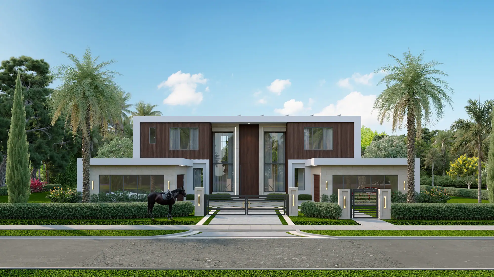 Two modern residences at Villa Bello in Davie, Florida, behind a gated entrance framed by palms and cypress