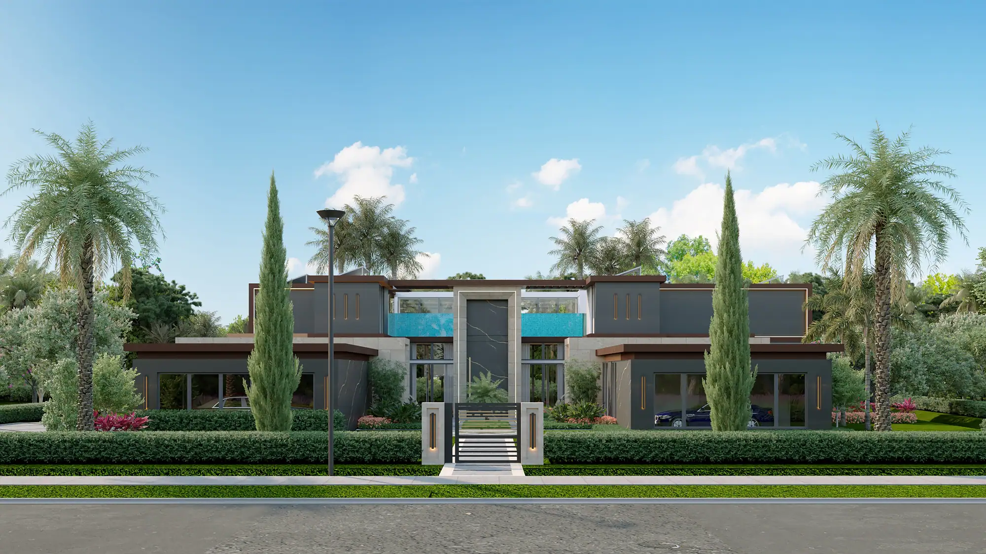 Front elevation of a residence at Villa Bello in Davie, Florida, with a flat-roofed modern facade and mature palm landscaping