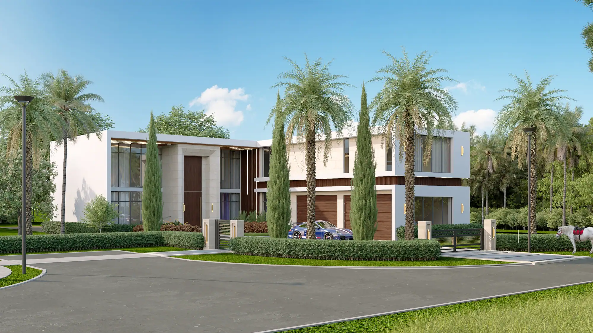 Two-storey residence at Villa Bello in Davie, Florida, seen from the street, with palms, cypress and a paved driveway